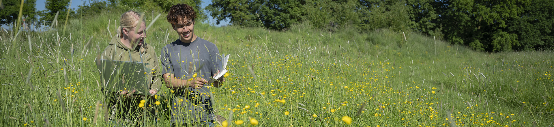 Twee studenten met een laptop en boekje in een grasveld met gele bloemen.