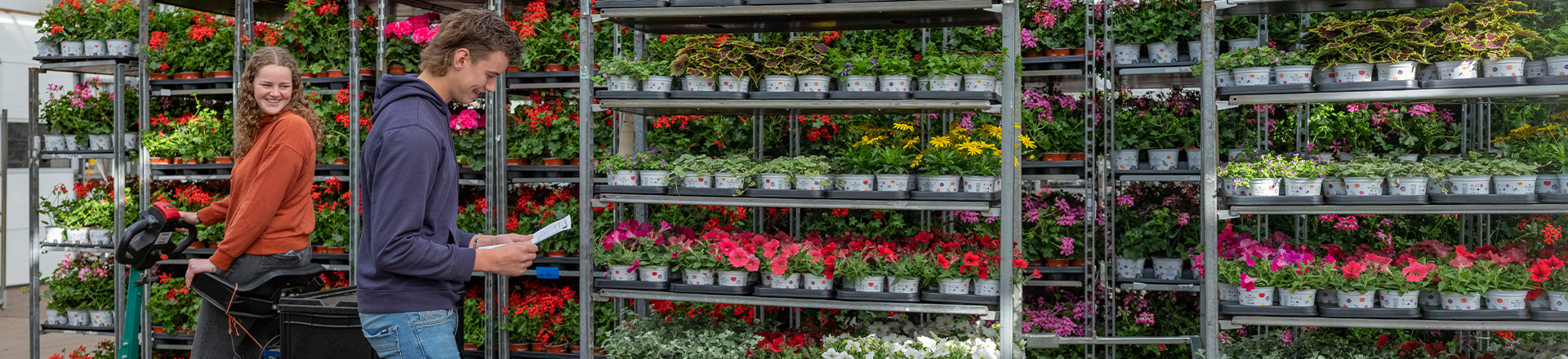 Twee studenten agrohandel en logistiek zijn bezig met controleren vracht bloemenstelling.