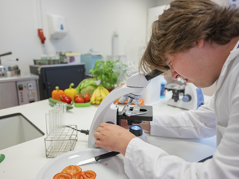 Student Aeres MBO Ede kijkt door microscoop