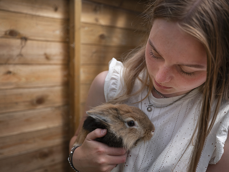 Student Aeres MBO Sneek houdt konijn vast