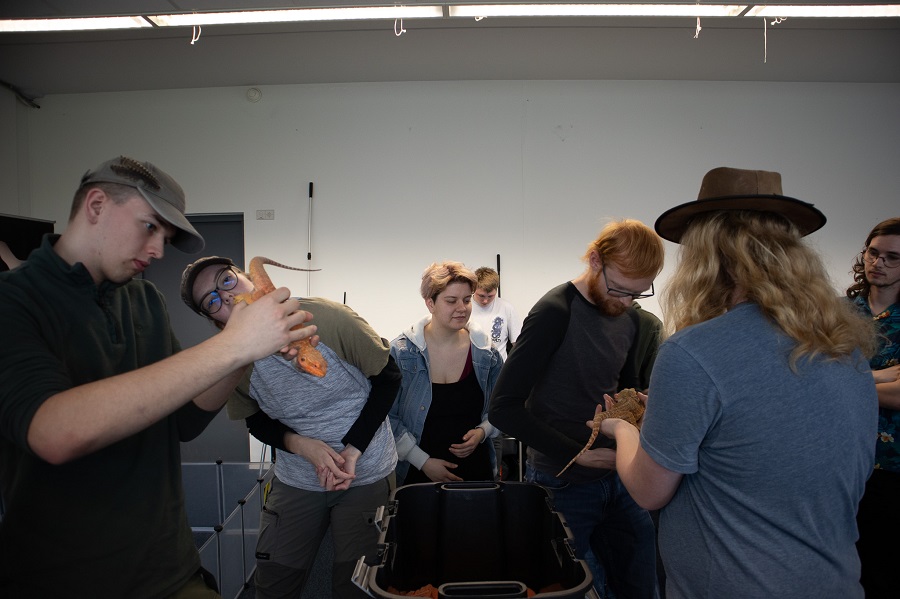 Studenten Dierverzorging op excursie studenten houden reptielen vast