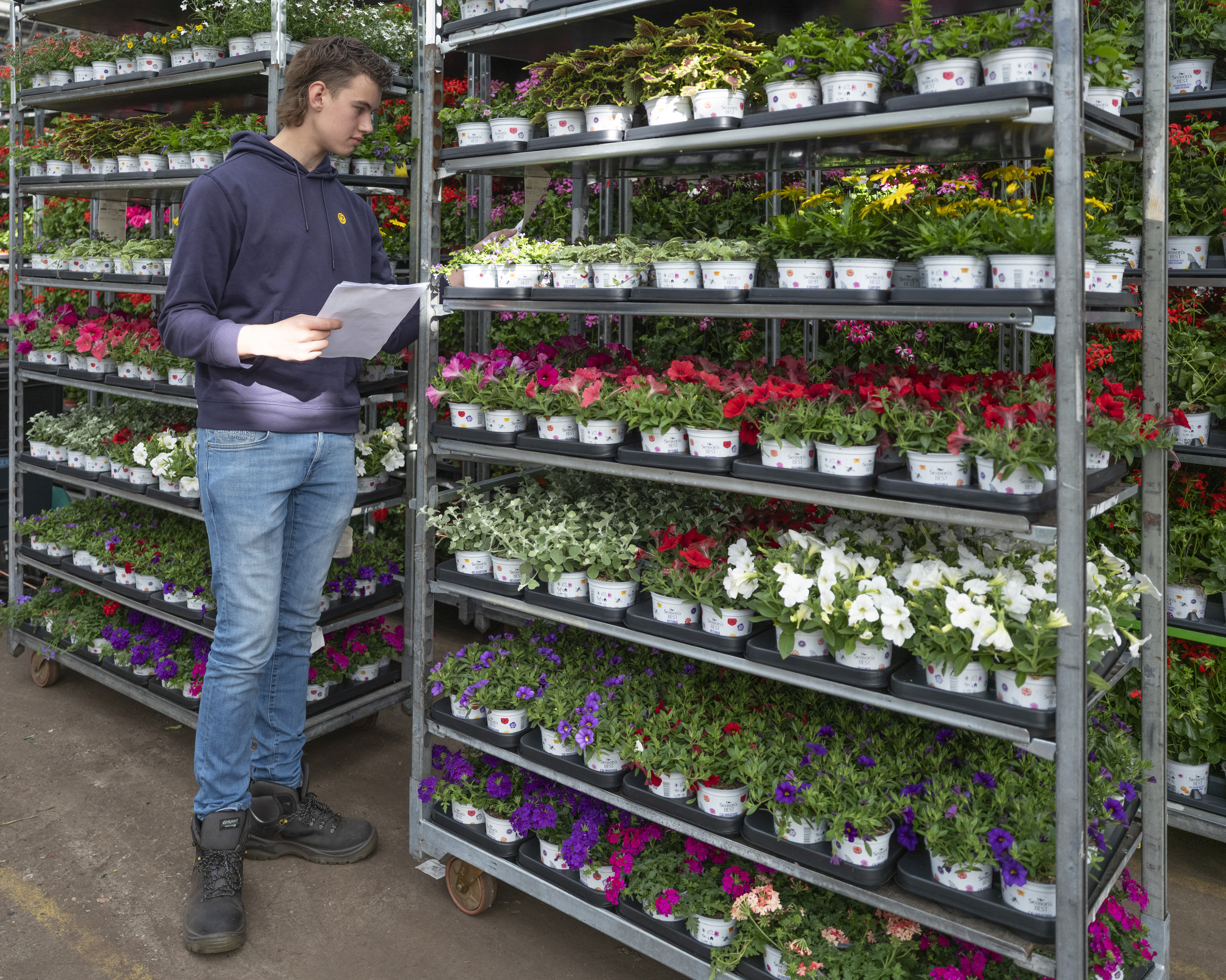 jongen bij bloemenkar