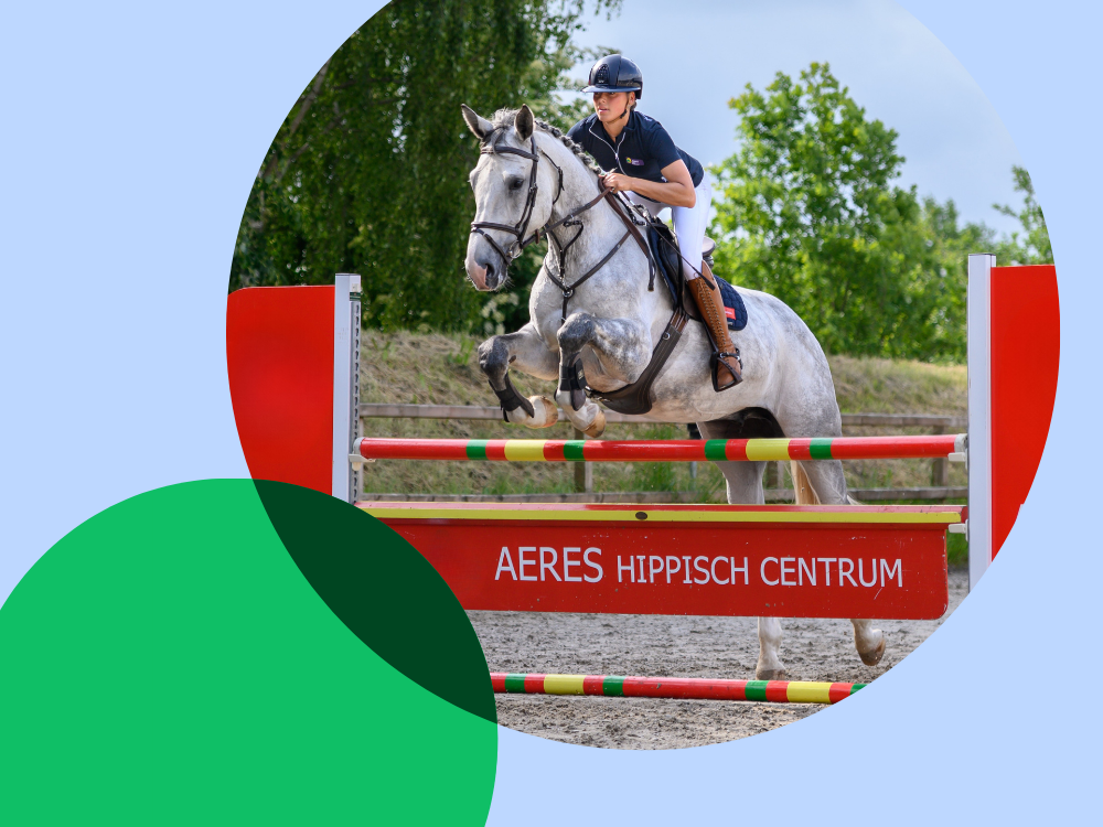student springt over hindernis met paard