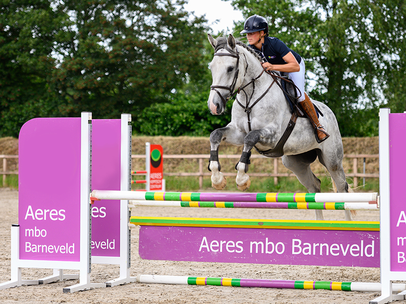 student springt over hindernis met paard