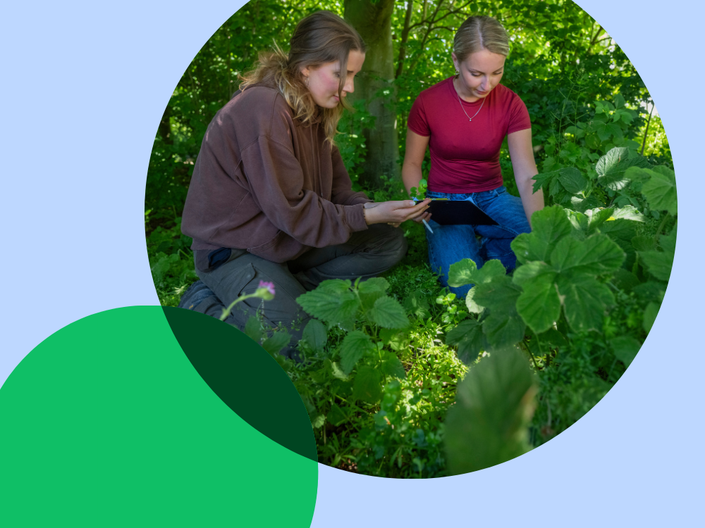 Twee meisjes zitten gehurkt in de natuur